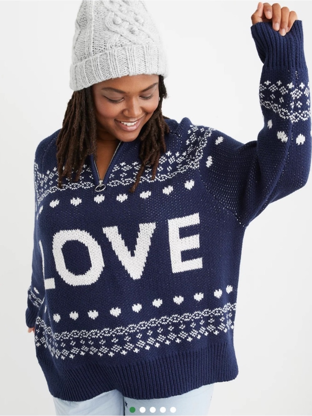 aerie Navy and White 'LOVE' Knit Half-Zip Sweater